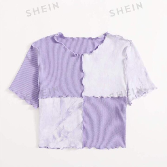 Small SHEIN EZwear Tie Dye Purple Color Block Panel Seam Front Crop Tee - Picture 3 of 7